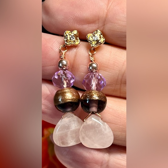 💋🎀genuine Rose quartz and murano glass earrings with roses -NWT - Picture 5 of 6